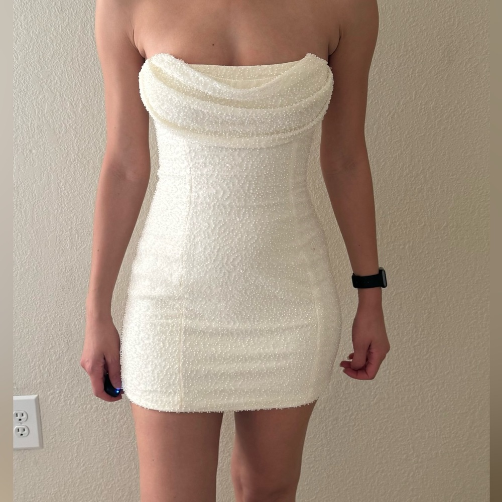 Embellished Strapless Cowl Neck Mini Dress in Ivory